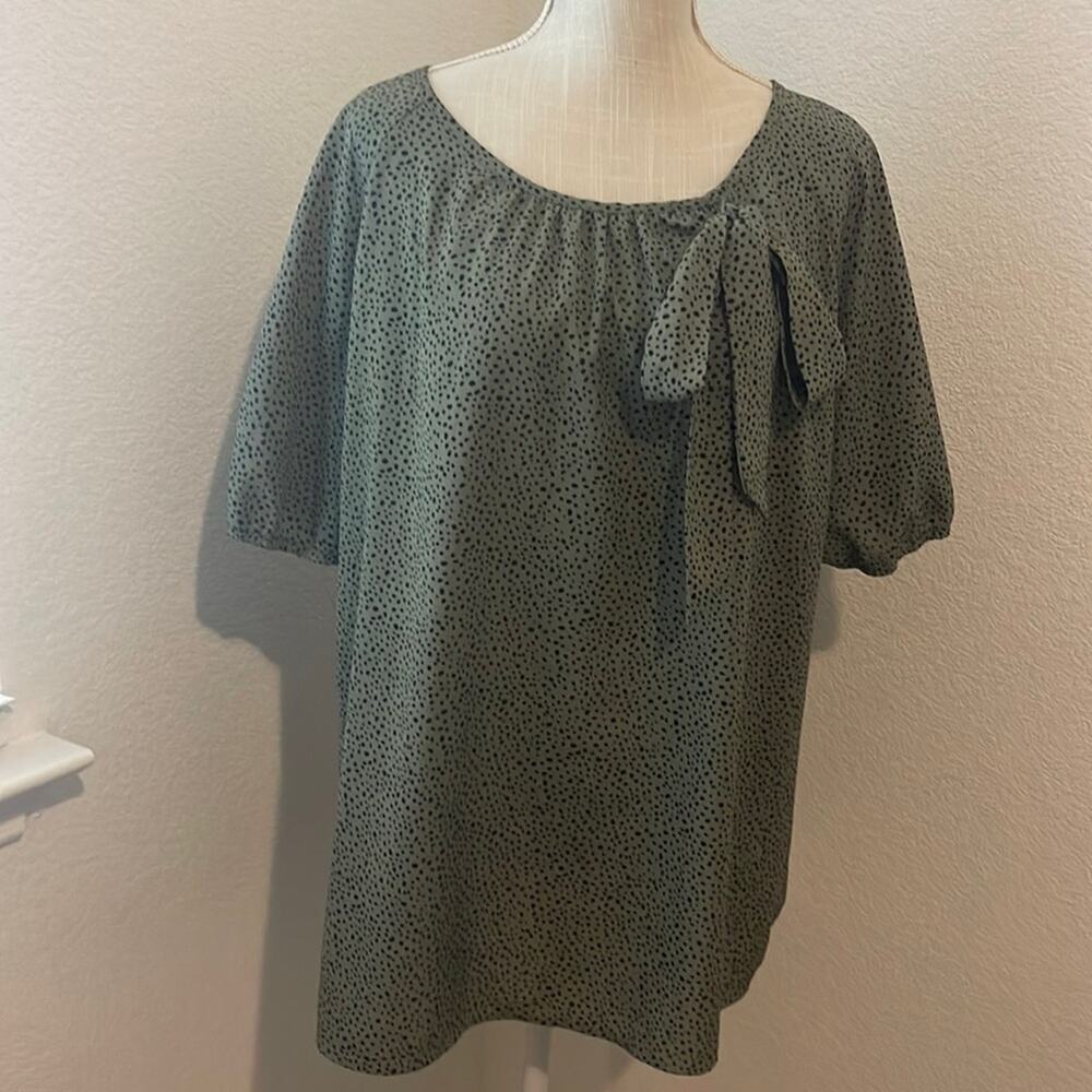 Shein Women's Green Black Dots Bow Short Sleeve Blouse Shirt Sz 3X Workwear